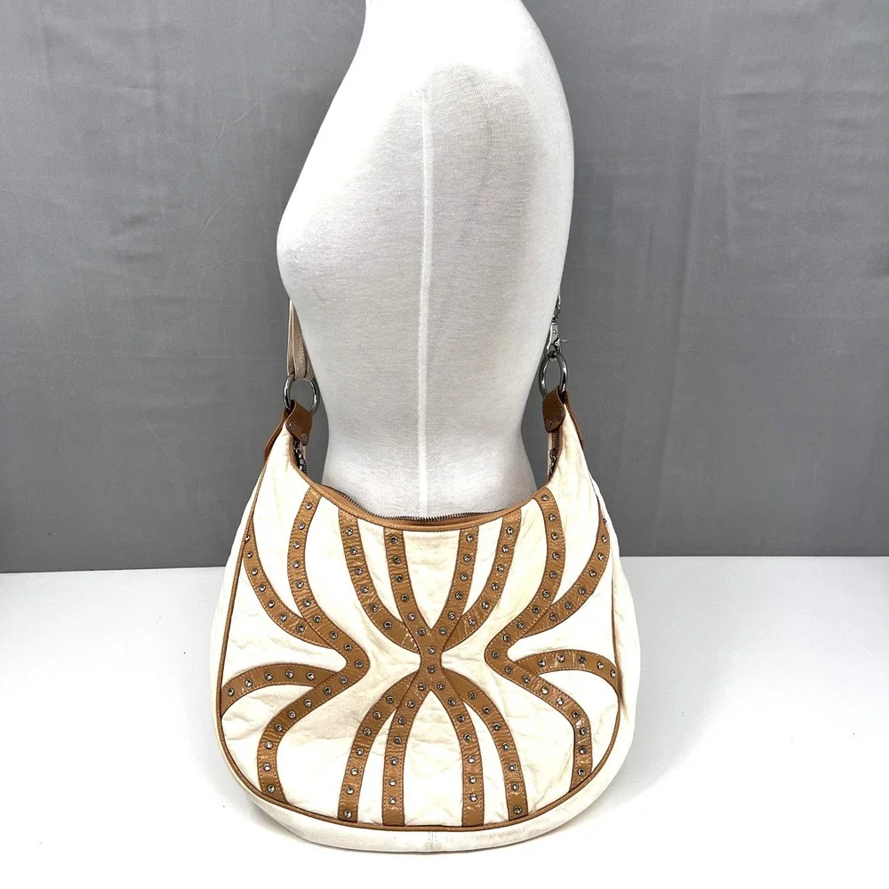 Charm and Luck Studded Leather Hobo Crossbody Shoulder Bag Rhinestones Y2K‎ VTG